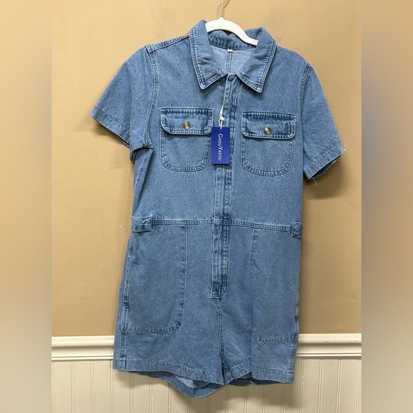 chouyatou Short Sleeve Zip Up Denim Jean Utility Romper Boiler Suit Size M NWT - Picture 1 of 4
